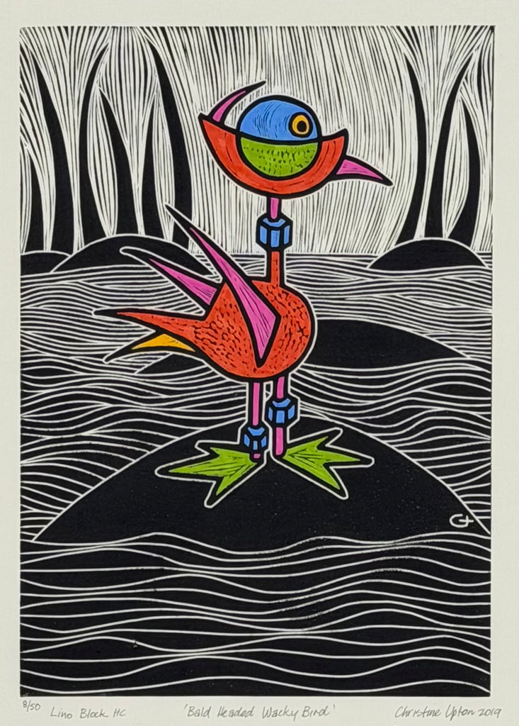 Christine  Upton | Printmaking | Bald Headed Wacky Bird 8/50