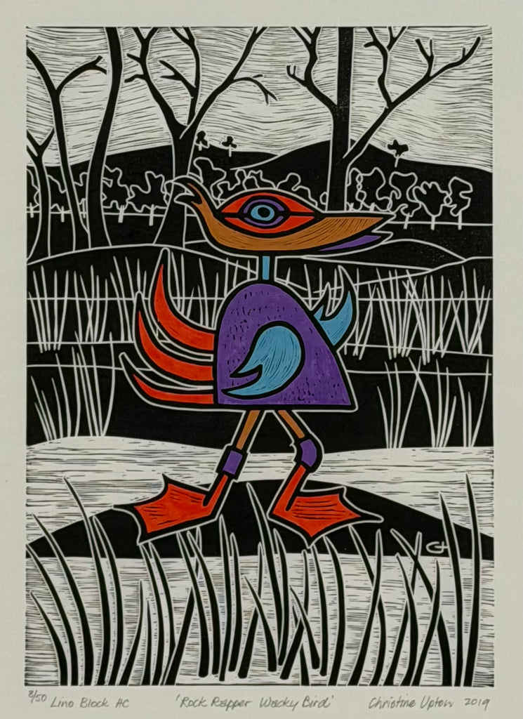 Christine  Upton | Printmaking | Rock Rapper Wacky Bird 8/50