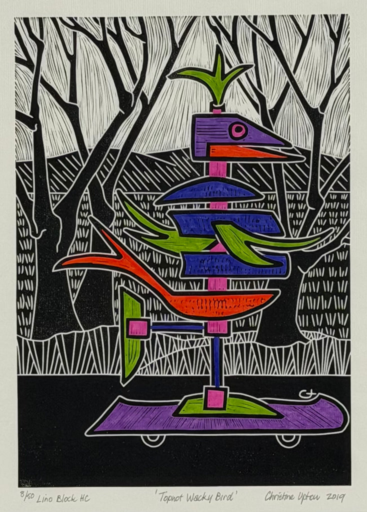 Christine  Upton | Printmaking | Topnot Wacky Bird 8/50