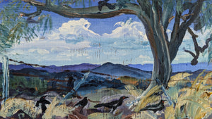Sophie Baker | Circumnavigating the bush capital from (bike) saddle | Painting | Border line choughs, at ACT's northern border fence