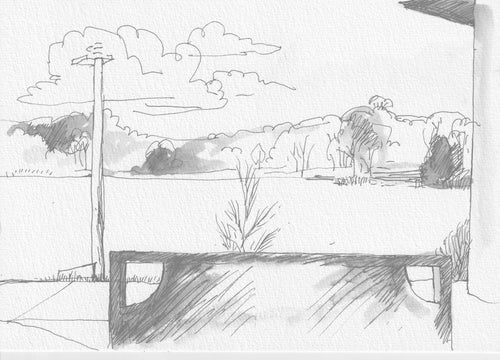 Rowena Evans | Drawing | Looking northeast with corner of building