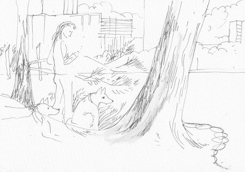 Rowena Evans | Drawing | Looking south with woman and two dogs