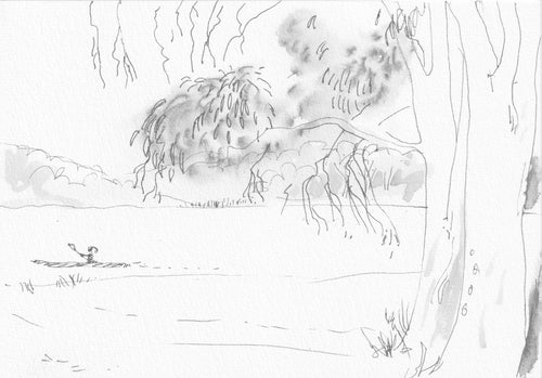 Rowena Evans | Drawing | Looking east northeast with kayaker and tree