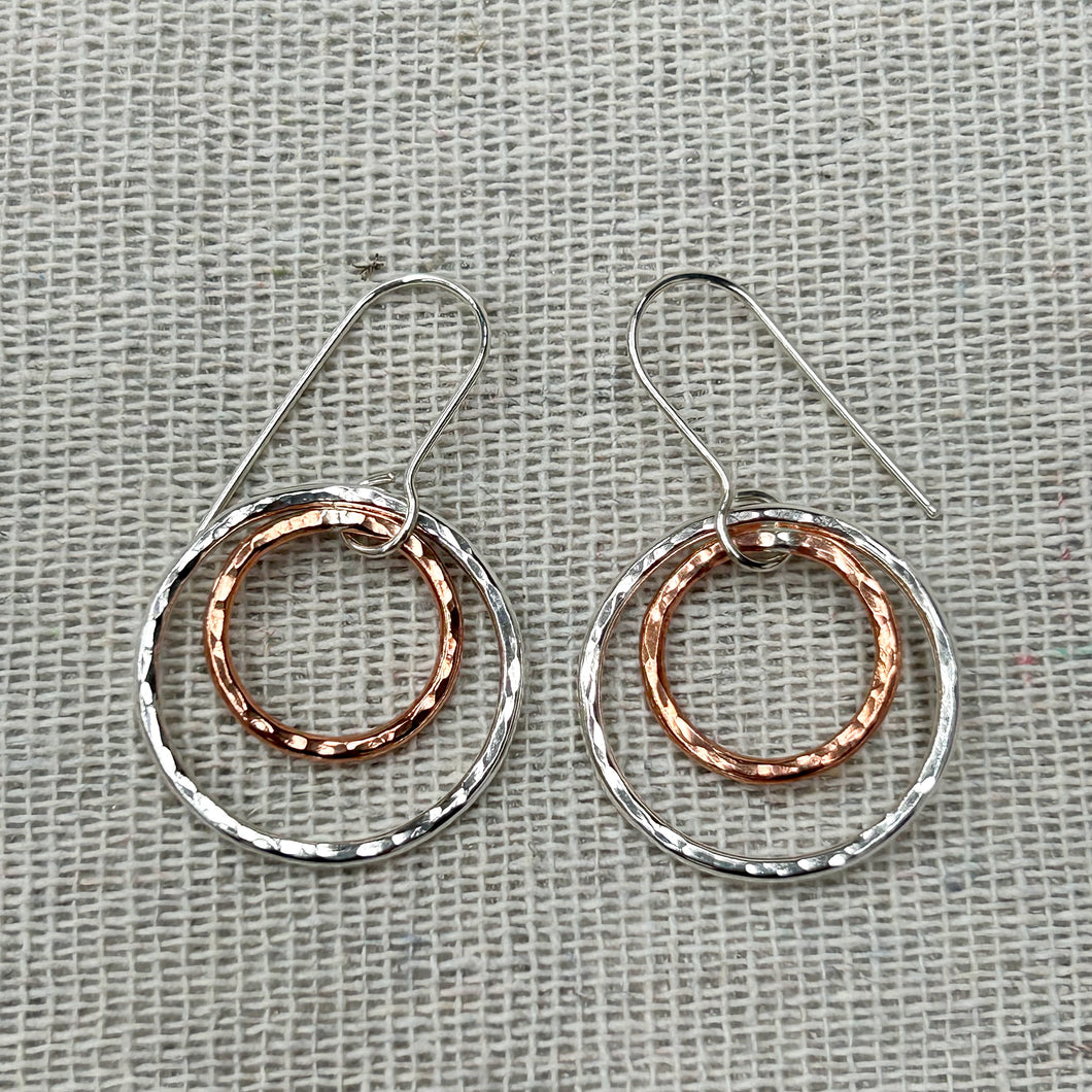 Clewdoodle | Earrings | Silver and Copper Hammered Double Ring Hook Earrings