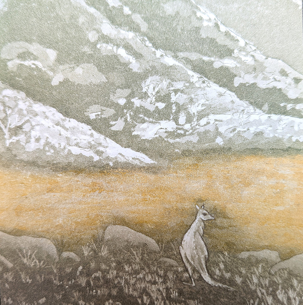 Fenja T. Ringl | Printmaking | Kangaroo Looking over Bogong Creek. AP2, framed