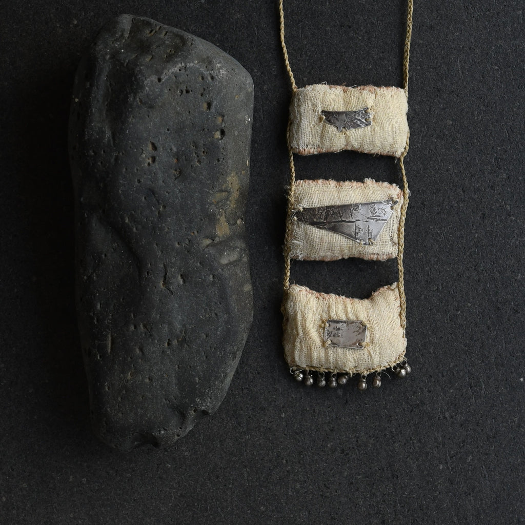 Vspora Art | Sacred Frankincense and Myrrh Resin, muslin, silver, beads, waxed cotton necklace |