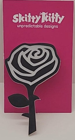Skitty Kitty | Brooch 3 | Rose on stem Brooch - Black white etch