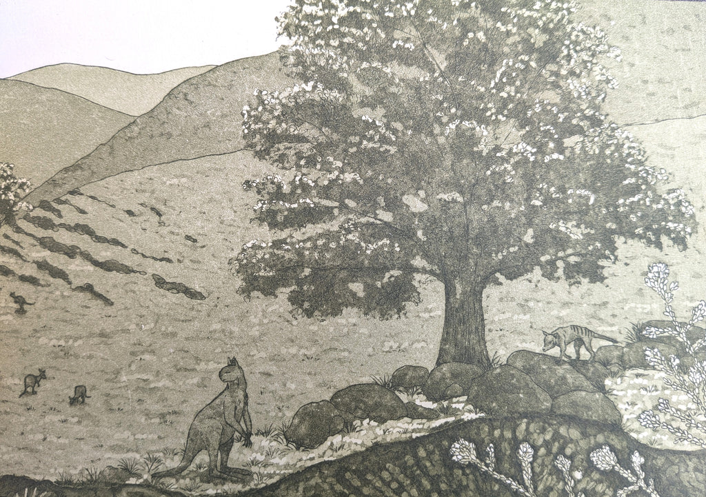 Fenja T. Ringl | Printmaking | Sthenurus & Thylacine at Goodradigbee. AP2, framed