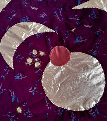 Heidi  Smith | Textiles | Embroidery Quilt Sun Moon molecule, Nebra Disk retelling