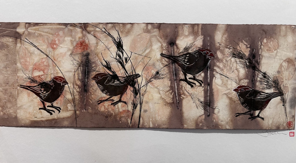 Jo Hollier | Printmaking | Red Browed Finches II
