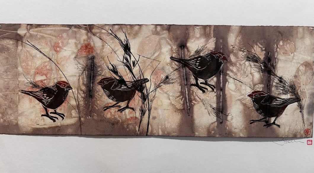 Jo Hollier | Printmaking | Red Browed Finches II