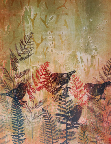 Jo Hollier | Printmaking | Finches Foraging