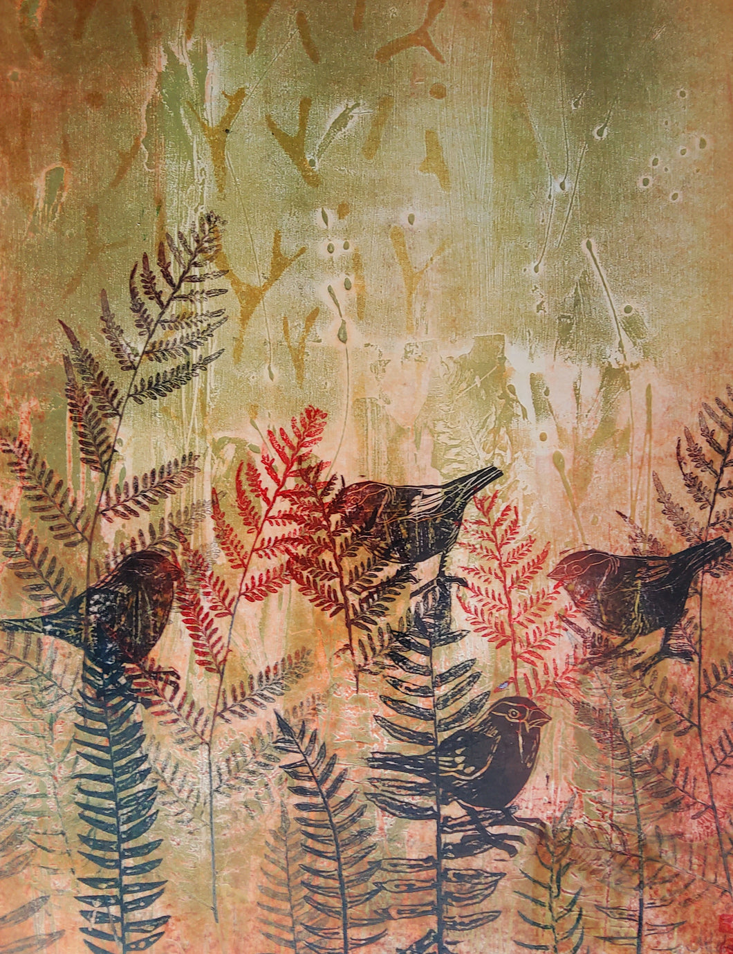 Jo Hollier | Printmaking | Finches Foraging
